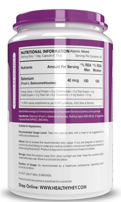 Zephivo HealthyHey Nutrition Selenium Capsules 40mcg - Superior Absorption - 60 Vegetarian Capsules
