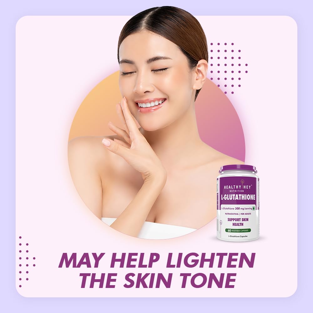 Woman touching her skin with a bottle of L-Glutathione on a light purple background