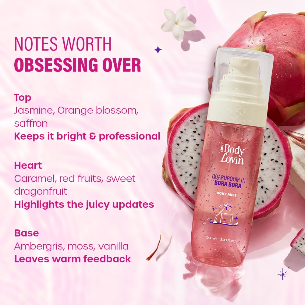 Plum BodyLovin’ Boardroom In Bora Bora Body Mist | Juicy Dragonfruit Meets Sweet Jasmine | Long-Lasting | Sweet Tropical Fragrance | With Notes Of Dragonfruit, Jasmine & Caramel | 100 ml