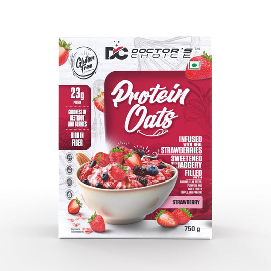 Doctors Choice High Protein Oats 750g | 24g Protein Oatmeal | Natural Strawberrry Flavour | No Added Sugar | Gluten Free | High Fiber Healthy Breakfast Oats