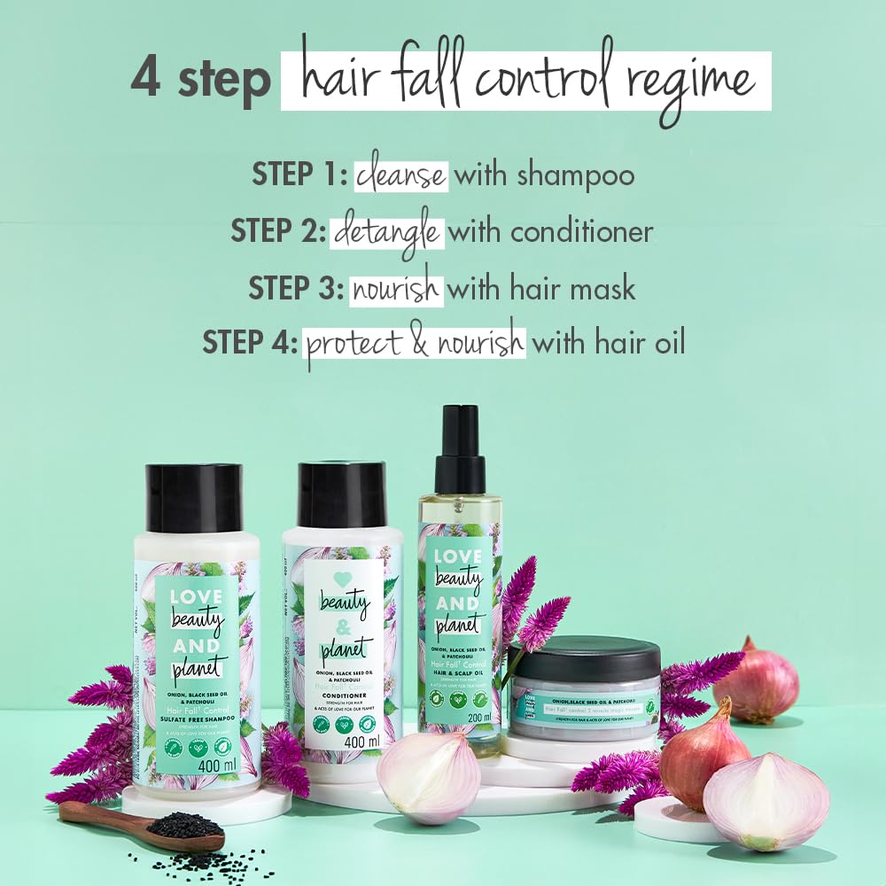 Hair care products with step-by-step hair fall control regime on a light green background