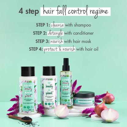 Hair care products with step-by-step hair fall control regime on a light green background