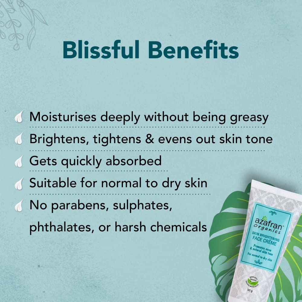 Azafran Organics Skin Brightening and Lightening Face Cream, For Normal and Dry Skin, With Vitamin B3, Soya Butter, Coconut Oil, Evens Out Skin Tones, Restores Youthful Glow. 50g