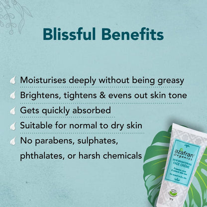 Azafran Organics Skin Brightening and Lightening Face Cream, For Normal and Dry Skin, With Vitamin B3, Soya Butter, Coconut Oil, Evens Out Skin Tones, Restores Youthful Glow. 50g