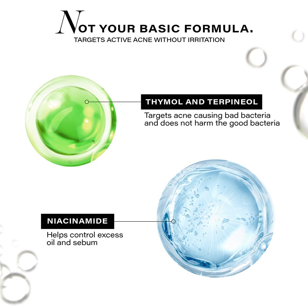 Illustration of green and blue droplets with text about skincare ingredients on a white background