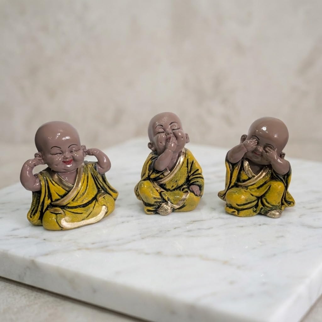 eCraftIndia Resin Yellow Think No Evil Speak No Evil Hear No Evil Set of 3 Cute Little Monk Buddha Statues Decorative Showpieces for Car Dashboard Home Office Desk Decor Gift Purpose