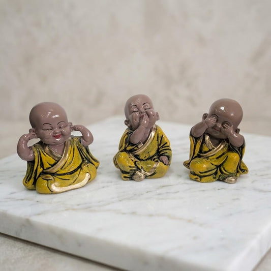 eCraftIndia Resin Yellow Think No Evil Speak No Evil Hear No Evil Set of 3 Cute Little Monk Buddha Statues Decorative Showpieces for Car Dashboard Home Office Desk Decor Gift Purpose