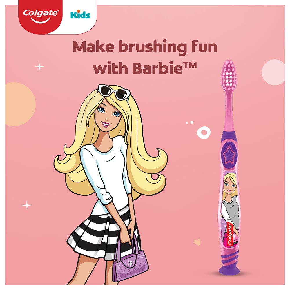 Colgate Kids Barbie Toothbrush, Extra Soft with Tongue Cleaner (Pack of 3) & Colgate Kid's Barbie 80g Anticavity Toothpaste -Strawberry Flavour for Cavity Protection, Enamel Protection COMBO
