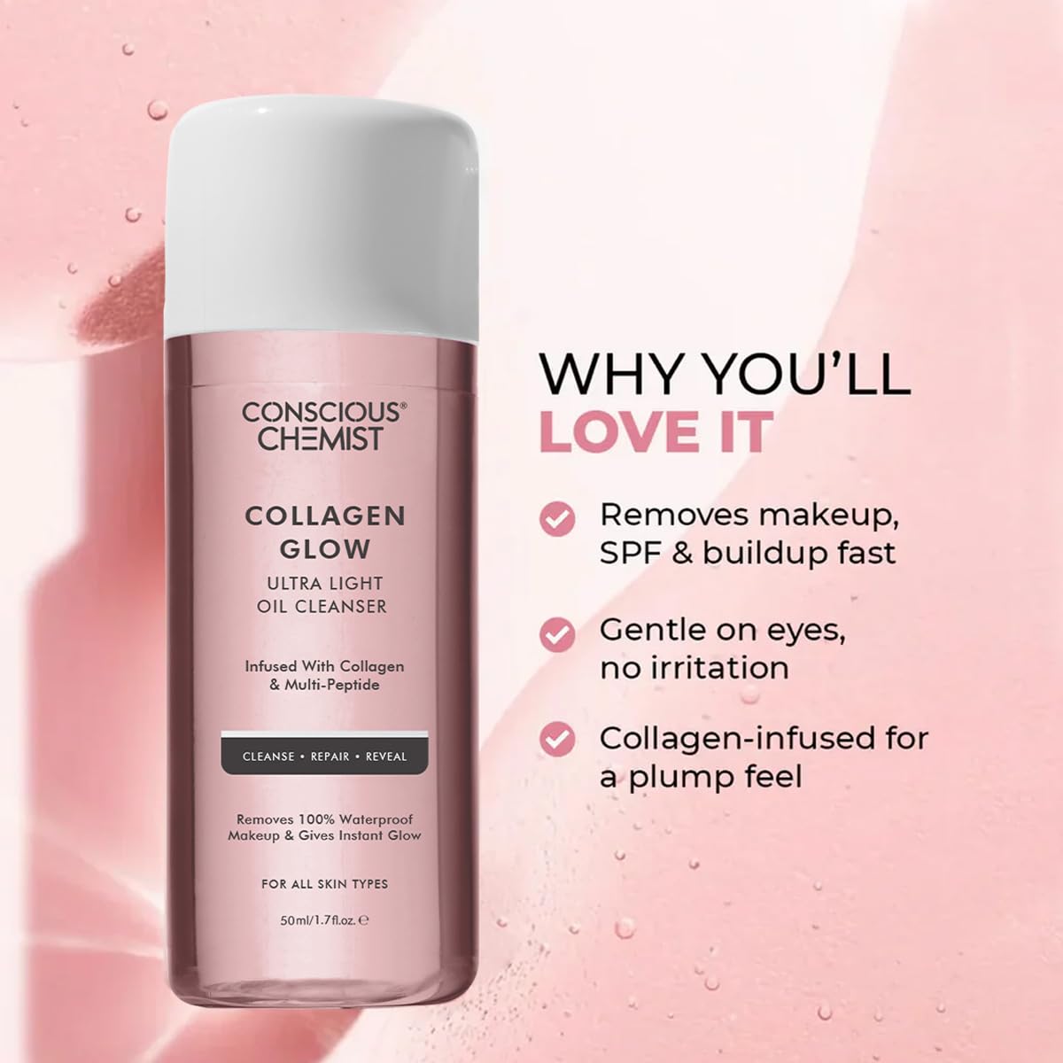 Conscious Chemist Collagen Glow oil cleanser bottle on a pink background with product features listed.