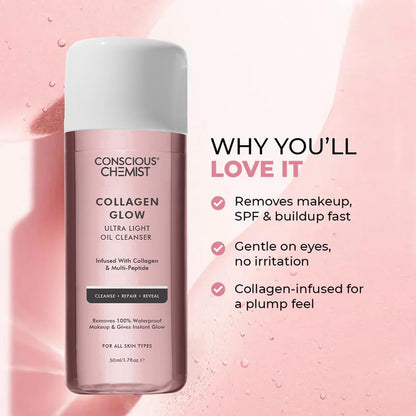 Conscious Chemist Collagen Glow oil cleanser bottle on a pink background with product features listed.