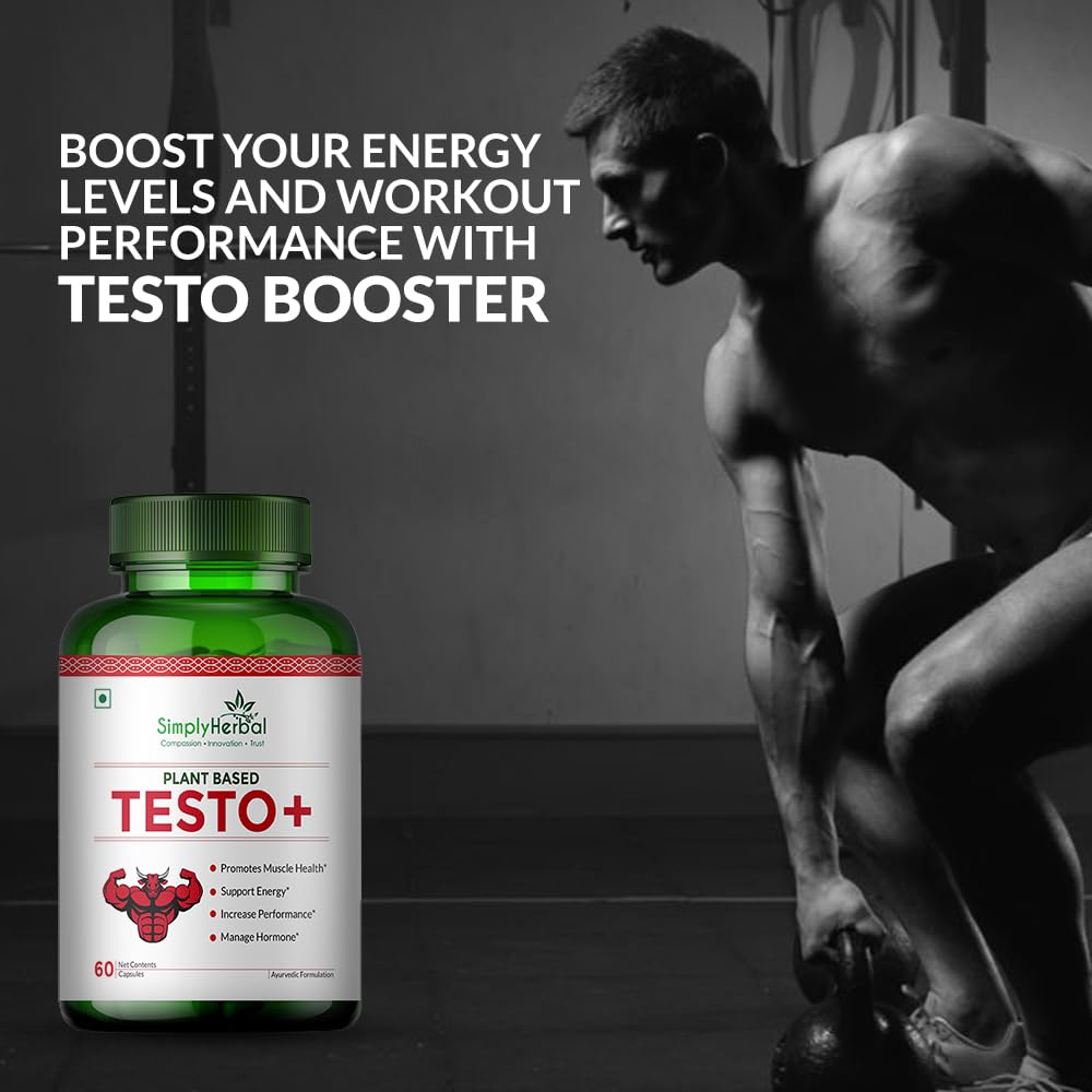 Simply Herbal Testo+ Supplement for Men With Kaunch Beej & Ashwagandha, Testo Booster Supplement, Boost Muscles Growth & Energy, Increase Athletic Performance, Natural Herbs (60 Veg Capsules)