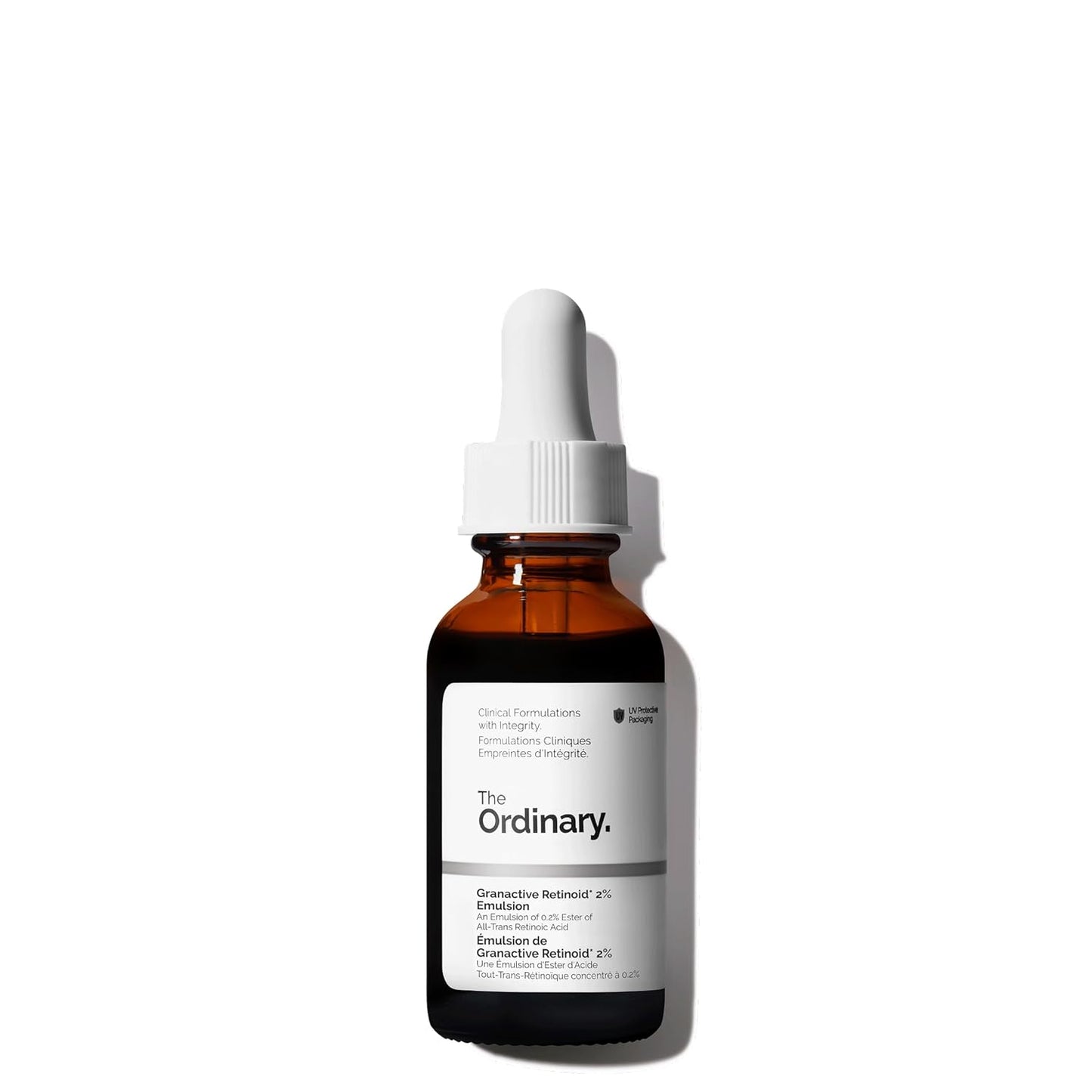 Brown glass dropper bottle with white label on a white background, featuring 'The Ordinary' brand.