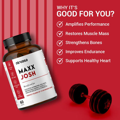 Nirvasa Maxx Josh Testosterone Supplement (500mg, 60 Tabs) | Boosts Testosterone, Muscle Strength & Energy | Enhances Performance, Stamina & Vitality | Ashwagandha, Gokshura & Safed Musli
