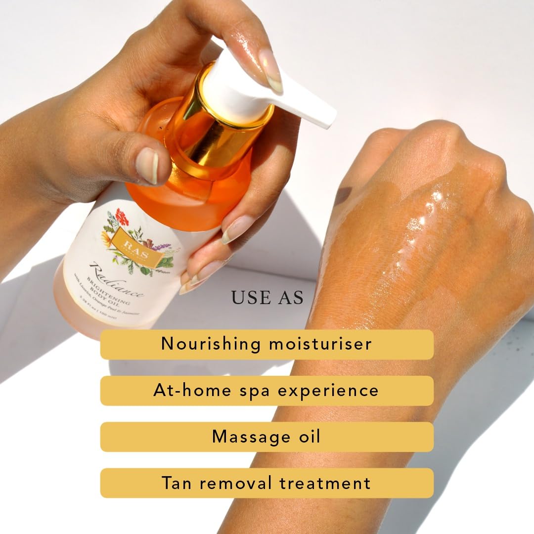 Ras Luxury Oils Radiance Brightening Body Oil with Orange Peel & Jasmine | Fast Absorbing, Non-Greasy & Lightweight | After Bath Massage Oil for Healthy Radiant Skin, 100ml