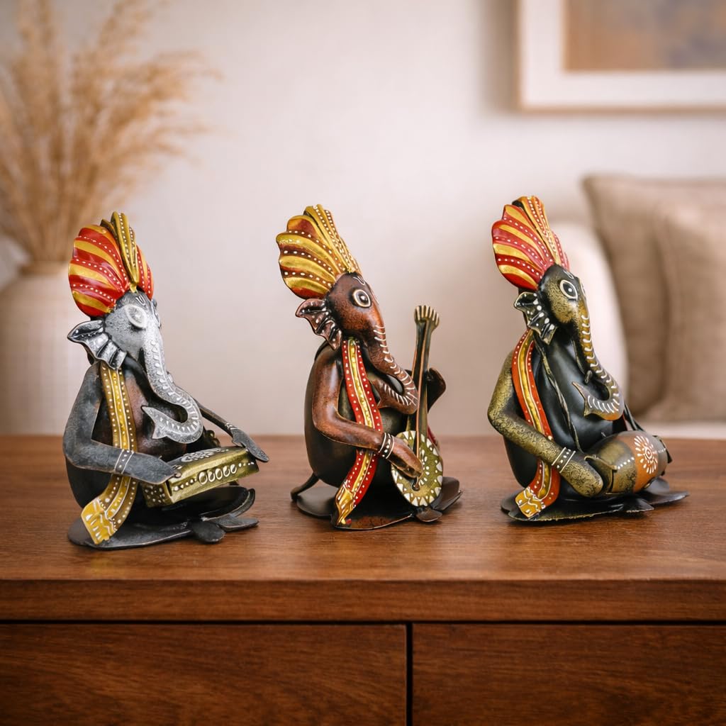 CraftVatika Metal Ganesha Playing Musical Instruments Set of 3, Handcrafted Ganesha Playing Dholak Harmonium Sitar Showpiece for Living Room Tabletop Home Décor Items, Ganesh Musical Showpiece