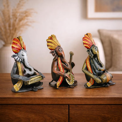 CraftVatika Metal Ganesha Playing Musical Instruments Set of 3, Handcrafted Ganesha Playing Dholak Harmonium Sitar Showpiece for Living Room Tabletop Home Décor Items, Ganesh Musical Showpiece