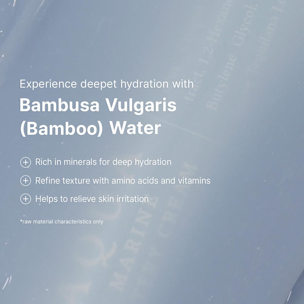 Promotional text about Bambusa Vulgaris (Bamboo) Water on a light blue background.