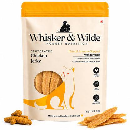 Whisker and Wilde Dehydrated Chicken Jerky | Cat Treats | Natural Immune Support with Turmeric | Anti-Inflammatory | Training and Reward | Dental Chew | No Preservatives | All Life Stages | 70g