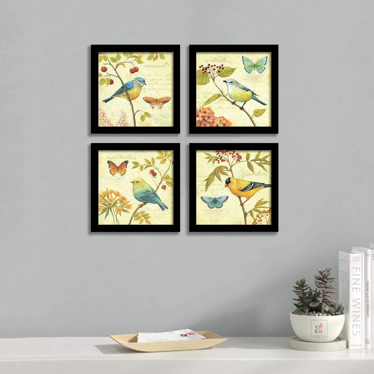 Jardin Bird Wall Art Painting For Living room, Birds botanical Framed painting, set of 4, 9x9 Inch