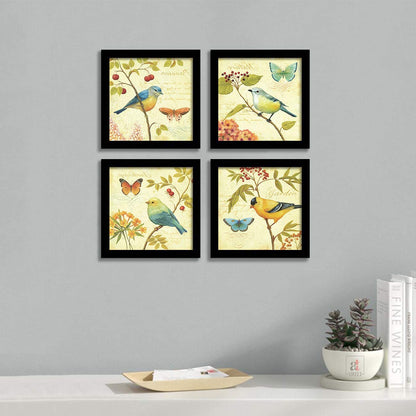 Jardin Bird Wall Art Painting For Living room, Birds botanical Framed painting, set of 4, 9x9 Inch