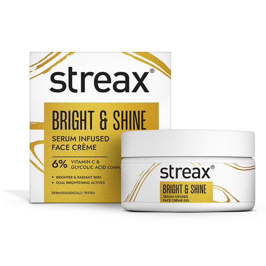 Streax Bright & Shine serum-infused face crème packaging on a white background