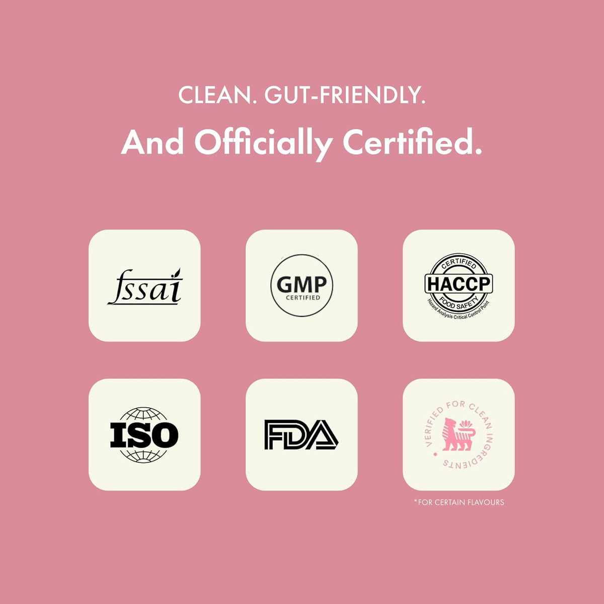 Certification logos on a pink background with text about cleanliness and certification.