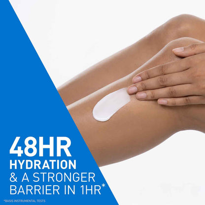 Person applying a patch on their arm with text about 48-hour hydration and barrier strength.