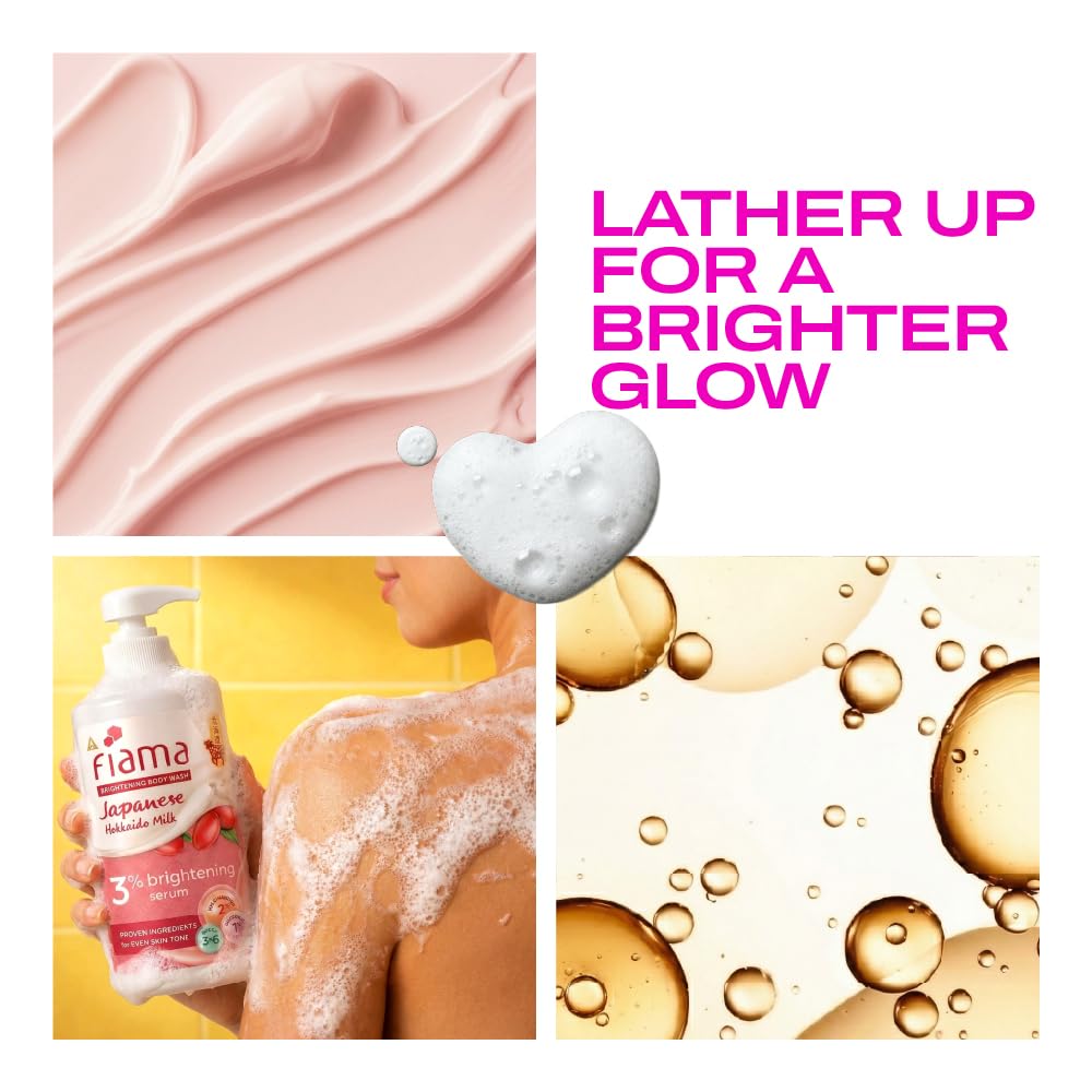 Fiama 3% Brightening Serum Body Wash 250ml | 2% Niacinamide, 1% Glycolic Acid, Omega 3 & 6 Fatty Acids Shower Gel, Fights Dullness & Evens Skin tone | Exotic Japanese Hokkaido Milk, Raspberry Smoothie Fragrance