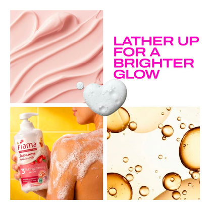 Fiama 3% Brightening Serum Body Wash 250ml | 2% Niacinamide, 1% Glycolic Acid, Omega 3 & 6 Fatty Acids Shower Gel, Fights Dullness & Evens Skin tone | Exotic Japanese Hokkaido Milk, Raspberry Smoothie Fragrance