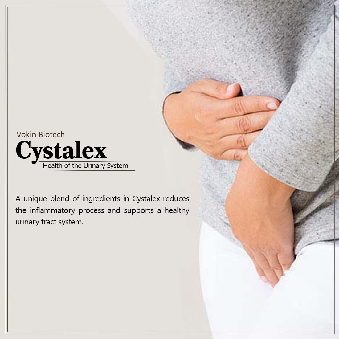 Person holding their lower abdomen with text about Cystalex from Vokin Biotech.