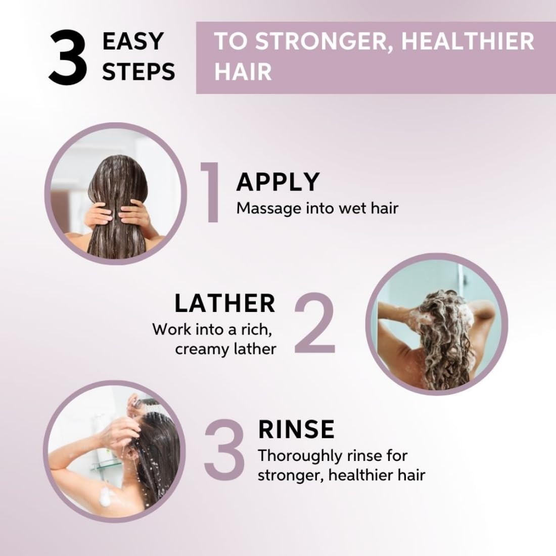 Three-step hair care routine with images of a woman washing her hair on a light purple background.
