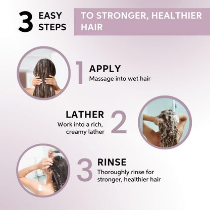 Three-step hair care routine with images of a woman washing her hair on a light purple background.