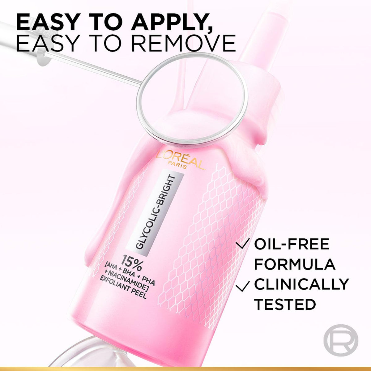 L'Oreal Paris Glycolic-Bright peel bottle with text highlighting features on a white background