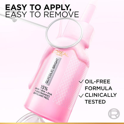 L'Oreal Paris Glycolic-Bright peel bottle with text highlighting features on a white background