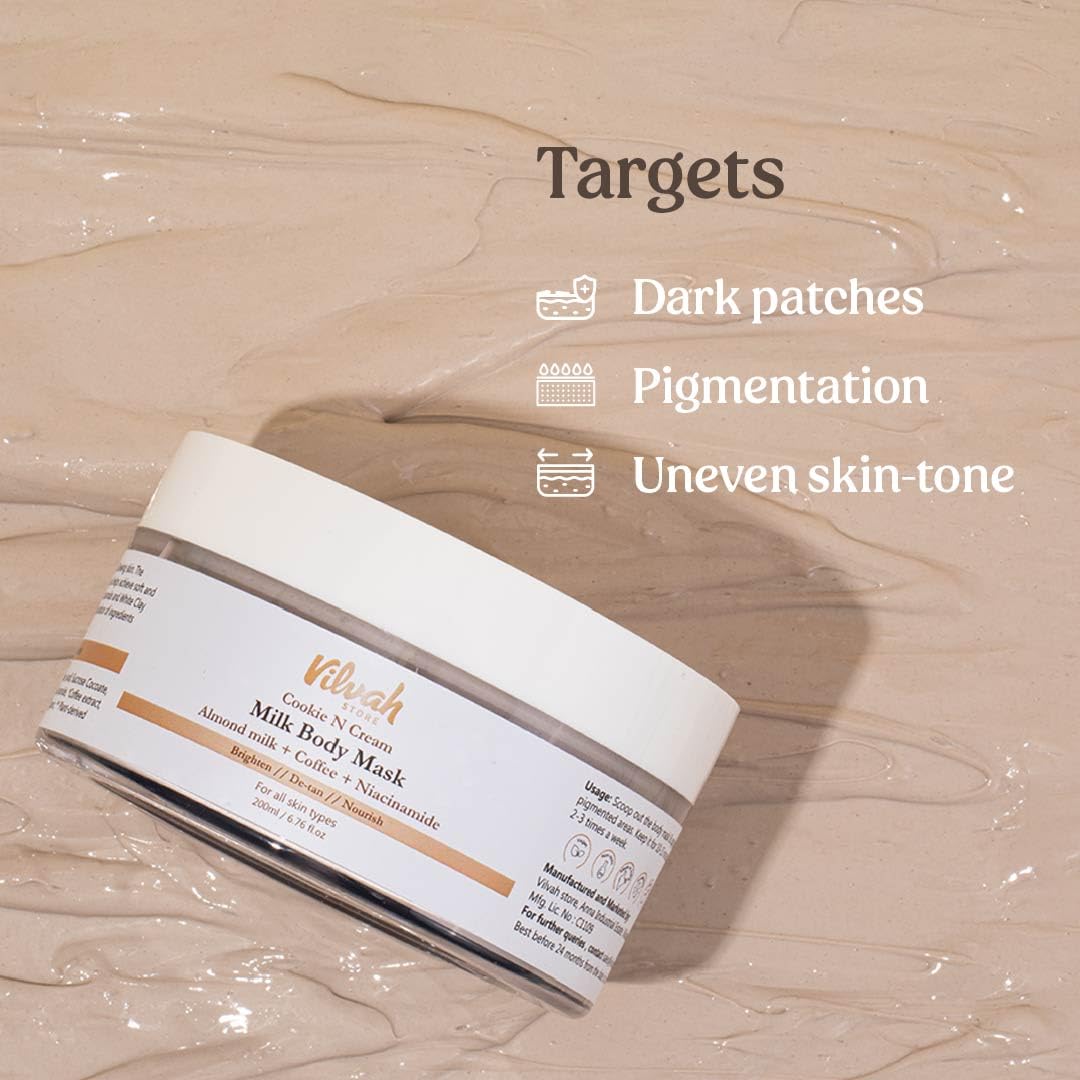Vilvah Cookie N Cream Body Mask | Tan Removal & Brightening Body Pack | Reduces Pigmentation, Dark Patches & Body Acne | With Almond Milk, Coffee, Niacinamide & Kaolin Clay | 200ml