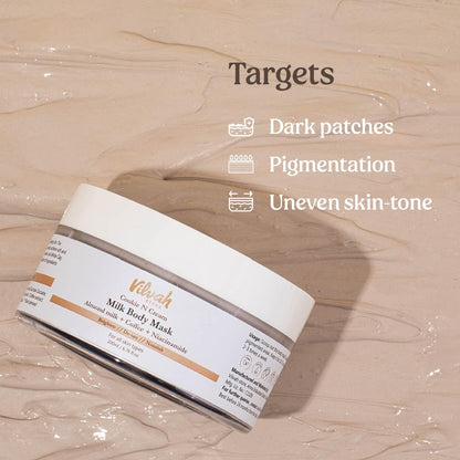 Vilvah Cookie N Cream Body Mask | Tan Removal & Brightening Body Pack | Reduces Pigmentation, Dark Patches & Body Acne | With Almond Milk, Coffee, Niacinamide & Kaolin Clay | 200ml