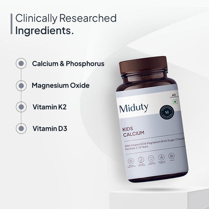 Zephivo Miduty by Palak Notes Kids Calcium with Vitamin D3 - K2 Magnesium No Sugar Added for Strong Bones, Brain Function, Immunity Booster, Strong Teeth Calcium Supplement Kids Multivitamin - 60 Chewables