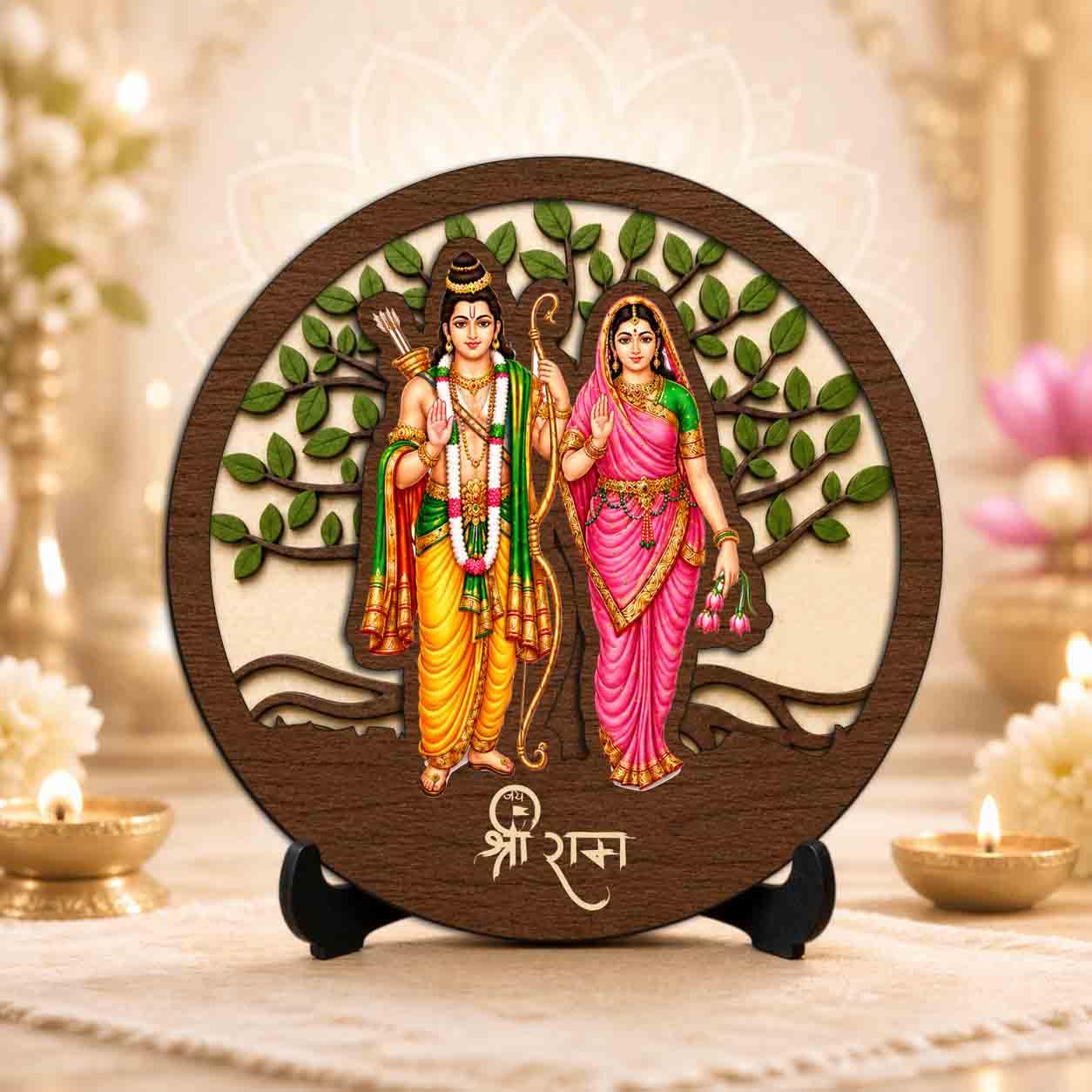 Plan To Gift Ram Sita Round Wooden Devotional Idol with Stand for Puja Room, Home Decor & Religious Gift - 5x5 Inch