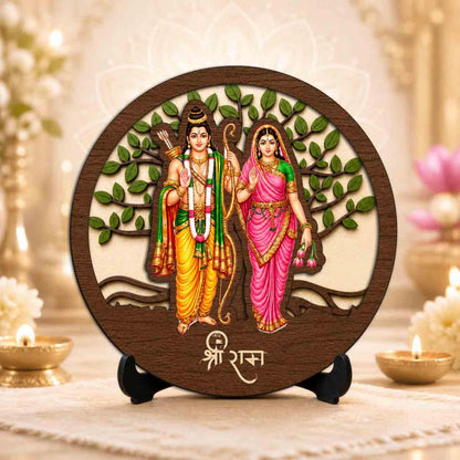 Plan To Gift Ram Sita Round Wooden Devotional Idol with Stand for Puja Room, Home Decor & Religious Gift - 5x5 Inch