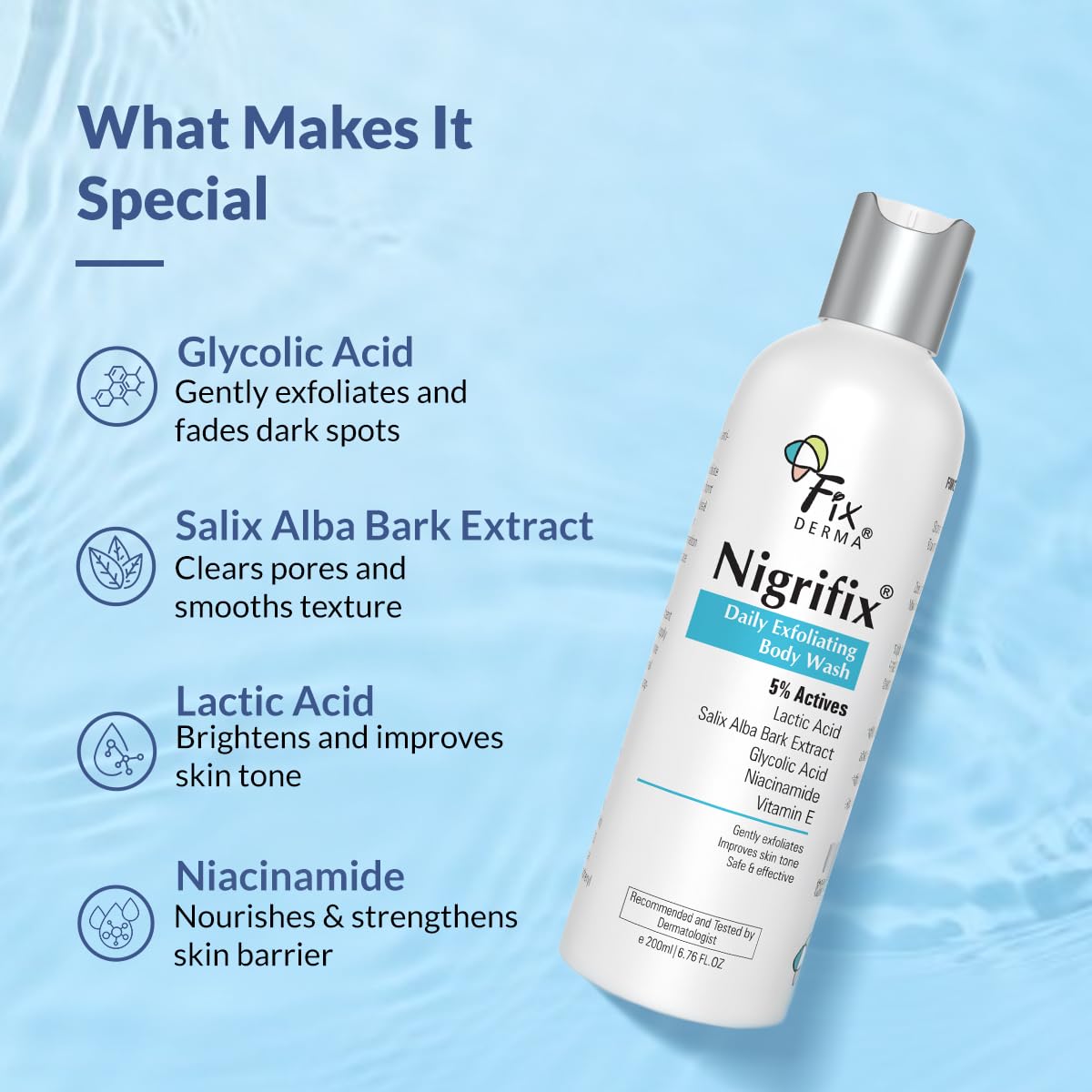 Fixderma Nigrifix Exfoliating Body Wash with 5% Actives (Lactic Acid, Glycolic Acid, Niacinamide Acid & Vitamin E) | Gentle Exfoliating Shower Gel | Improves Skin Tone | Body Wash Shower Gel - 200ml