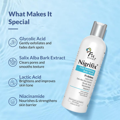 Fixderma Nigrifix Exfoliating Body Wash with 5% Actives (Lactic Acid, Glycolic Acid, Niacinamide Acid & Vitamin E) | Gentle Exfoliating Shower Gel | Improves Skin Tone | Body Wash Shower Gel - 200ml
