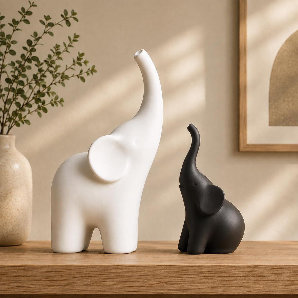 Elephant Showpiece Set for Home Decor, Matte Finish Elephant Decorative Figurines for Living Room, TV Table, Shelf Decor Lucky Elephant Statue for Housewarming Gift (Black & White,PLA Plastic)