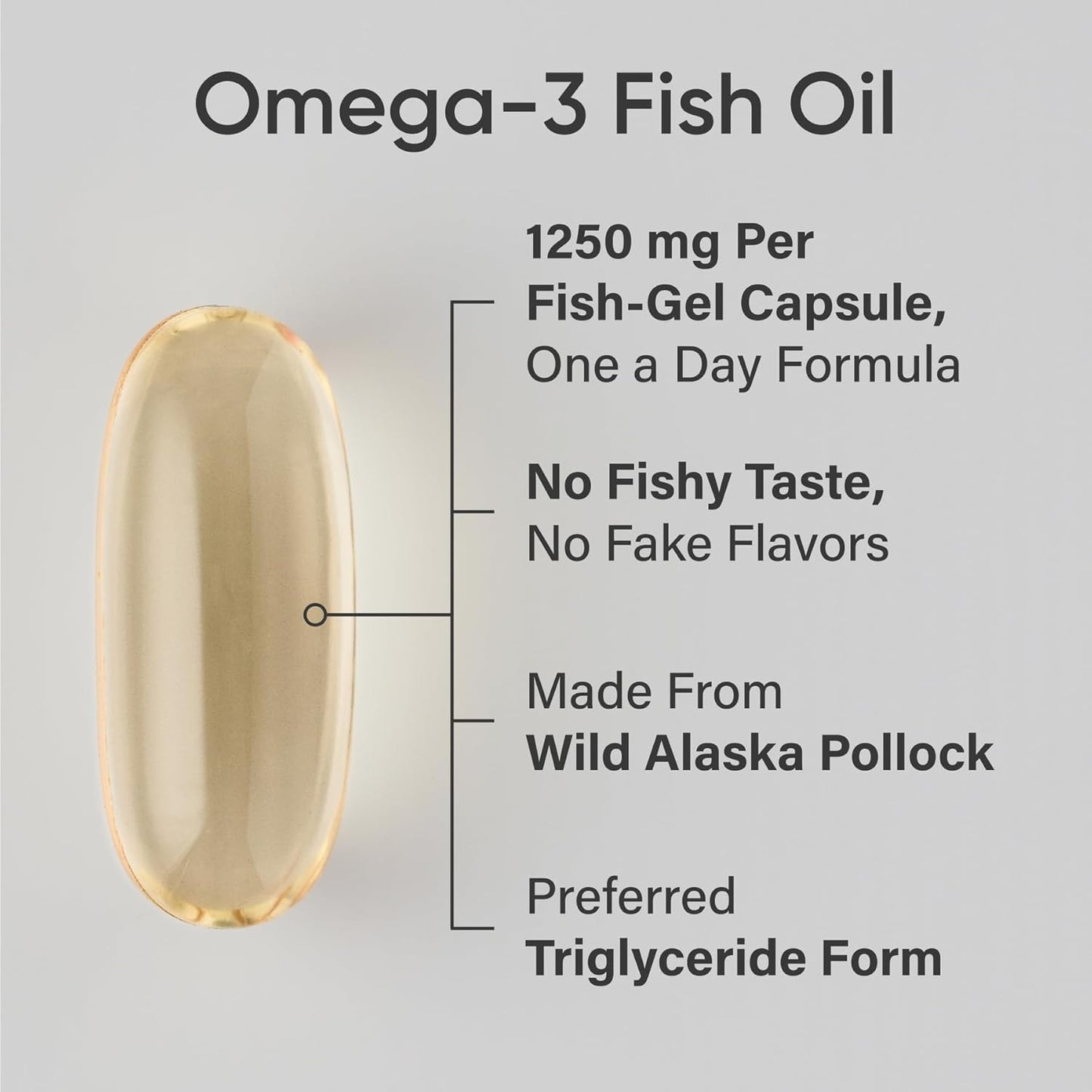 Omega-3 fish oil capsule with text on a gray background