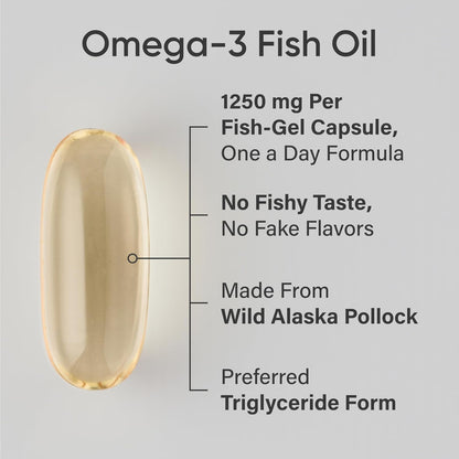 Omega-3 fish oil capsule with text on a gray background