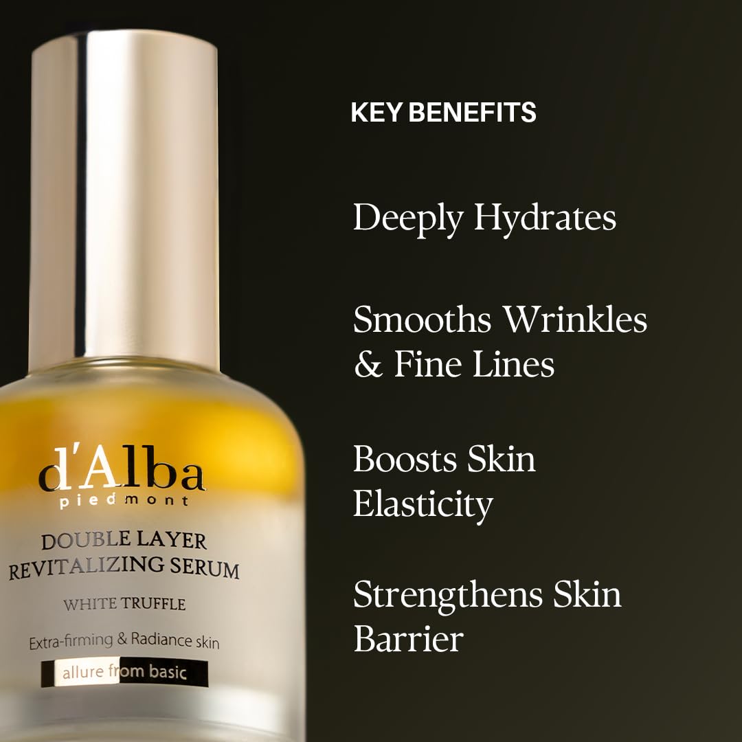 d'alba Piedmont Italian White Truffle Double Layer Revitalizing Serum, 100hr Hydration, Hyaluronic Acid and Centella Asiatica, Skin Firming and Tightening, Long-lasting Korean Skin Care, 30ml