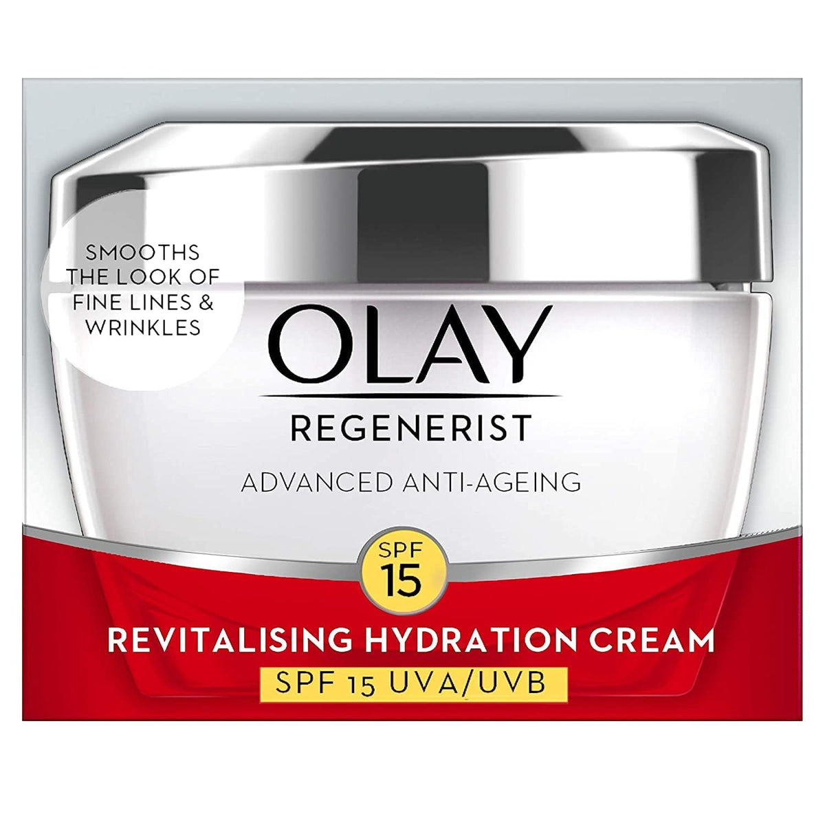 Olay Regenerist cream packaging with SPF 15 on a white background