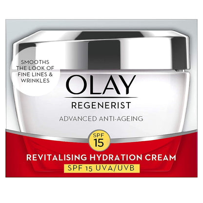 Olay Regenerist cream packaging with SPF 15 on a white background