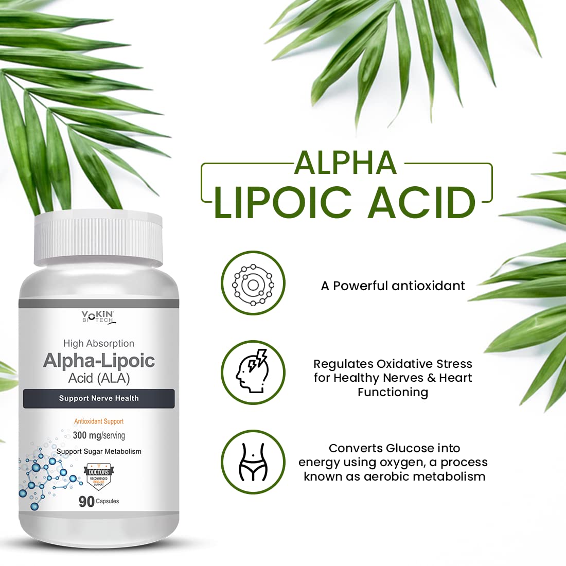 Alpha Lipoic Acid supplement bottle with green leaves on a white background