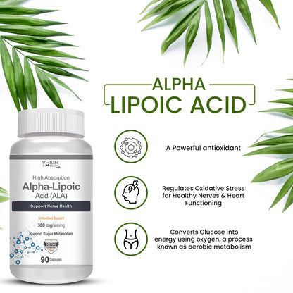 Alpha Lipoic Acid supplement bottle with green leaves on a white background