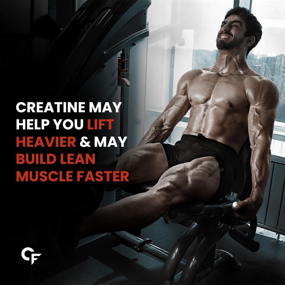 Muscular man exercising in a gym with promotional text about creatine.